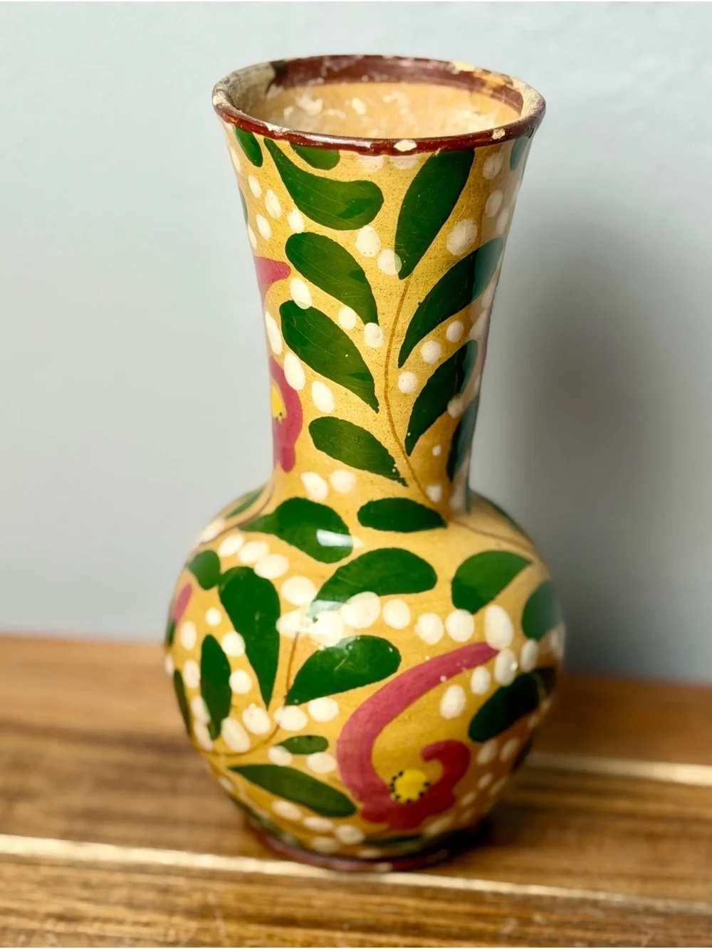 Vintage Italian Hand-Painted Yellow Floral Ceramic Vase with Pink Flowers